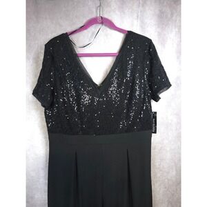 R&M Richards Black Sequin V Neck Short Sleeve Wide Leg Jumpsuit Size 16